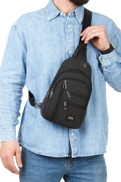 Unisex Siyah Omuz Çantası Su Geçirmez Kanvas Kumaş Body Bag Çift Taraflı Çapraz Postacı Çanta ürün görseli 1
