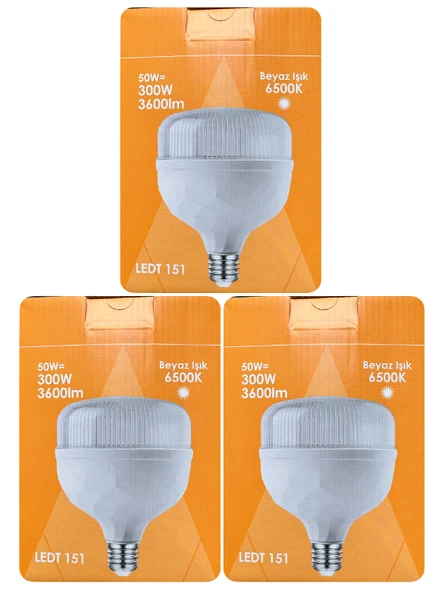 (3 Adet) Osaka 50W (300W) Beyaz Işık E27 Duylu (Kalın Duy) Led Torch Ampul ürün görseli 1