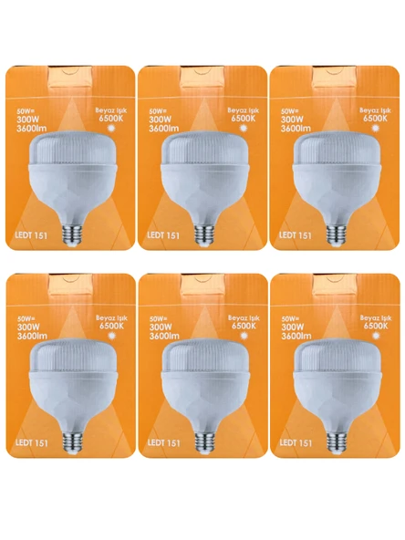 (6 Adet) Osaka 50W (300W) Beyaz Işık E27 Duylu (Kalın Duy) Led Torch Ampul ürün görseli 1