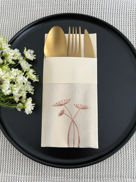Rose Gold Yaldızlı Krem Cepli Havuç Çiçeği Kumaş Dokulu Air Laid Kanguru Peçete 6 Adet ürün görseli 1