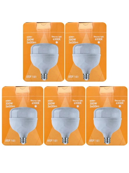 (5 Adet) Osaka 50W (300W) Beyaz Işık E27 Duylu (Kalın Duy) Led Torch Ampul ürün görseli 1
