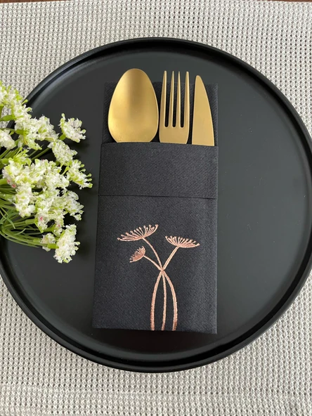 Rose Gold Yaldızlı Siyah Cepli Havuç Çiçeği Kumaş Dokulu Air Laid Kanguru Peçete 6 Adet ürün görseli 1
