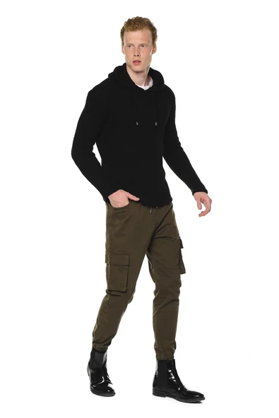 Erkek Kapüşönlü Pamuklu Triko Örgülü Sweatshirt - Resim 5