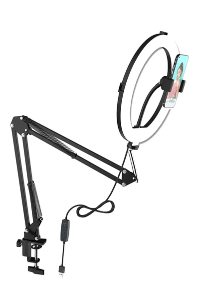 Akrobat Hareketli 3 Renkli Led Halka Selfie Make Up Eğitim Çekim Lambası Telefon Tutuculu Led Halka Masa Lambası Mengeneli ürün görseli 1