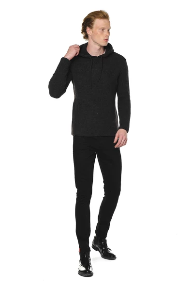 Erkek Kapüşönlü Pamuklu Triko Örgülü Sweatshirt - Resim 10