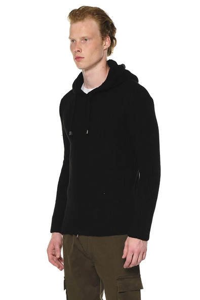 Erkek Kapüşönlü Pamuklu Triko Örgülü Sweatshirt - Resim 3
