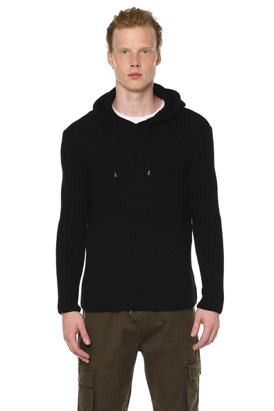 Erkek Kapüşönlü Pamuklu Triko Örgülü Sweatshirt - Resim 2
