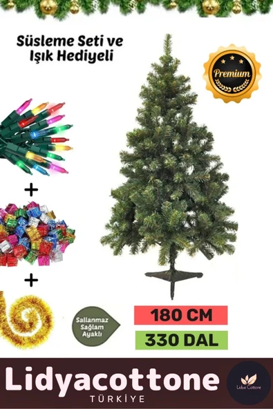 Kutu Süsleme Seti Yılbaşı Çam Ağacı Renkli Işığı Yeni Yıl Süsleri Noel Paketi 180 Cm 330 Dal ürün görseli 1