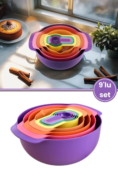 Flora Easy Mix Karıştırma Kabı Seti 9 Parça- Ölçü Kaşığı ve Süzgeçli Hazırlık Set MOR ürün görseli 1