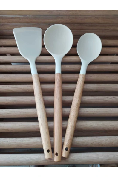 Ahşap Bambu Saplı Yanmaz Yapışmaz Lüks Silikon Spatula Seti 3 'lü Takım ürün görseli 1