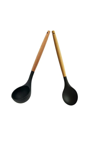 Ahşap Bambu Saplı Lüks Silikon Spatula Kepçe Takımı 2 Adet ürün görseli 1