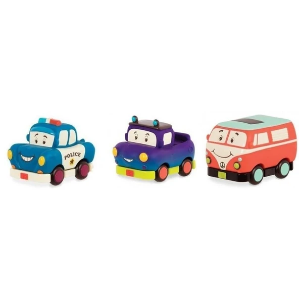 B.Toys 3'lü Mini Çek-Bırak Araba Seti - Polis/Retro Van/Jeep ürün görseli 1
