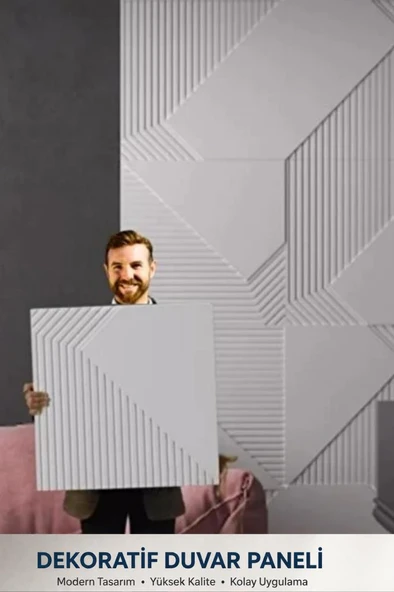 Renkli Duvarlar 50cmx50cm 1Adet Beyaz 3D Abs Çizgili Desenli PVC Dayanıklı Duvar Paneli Silinebilir Lambiri Model ürün görseli 1