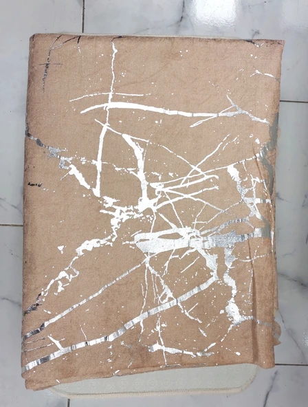 Süngerli Kadife Mermer Desen Kaymaz Koltuk Örtüsü (170x210)-Kahveye Gümüş Varaklı ürün görseli 1