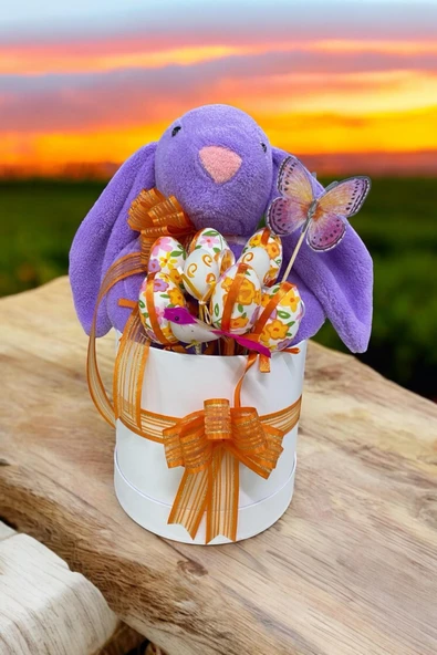 SOLE Premium Paskalya Temalı 45 cm Mor Bunny Tavşan Hediye Kutusu - Dekoratif Yumurta ve Kelebek Süslemeli ürün görseli 1