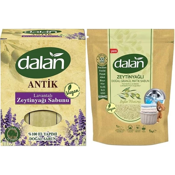 Dalan Antik Defneli Zeytinyağı Sabunu 900GR Lavantalı & Granül Sabun Tozu Zeytinyağlı 1KG (2 Li Set) ürün görseli 1