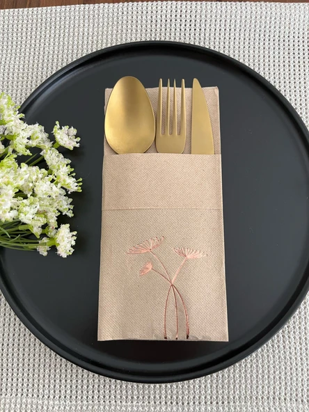 Rose Gold Yaldızlı Kraft Cepli Havuç Çiçeği Kağıt Peçete 12 Adet ürün görseli 1