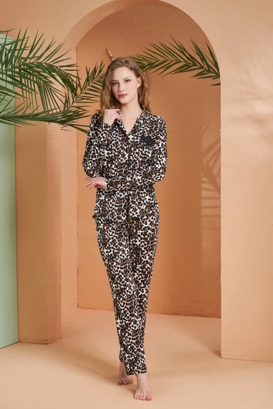 Gd Goldoremi Premium Seri Kadın Leopar Desenli Rahat Desenli Önden Düğmeli Uzun Kollu Pijama Takım ürün görseli 1