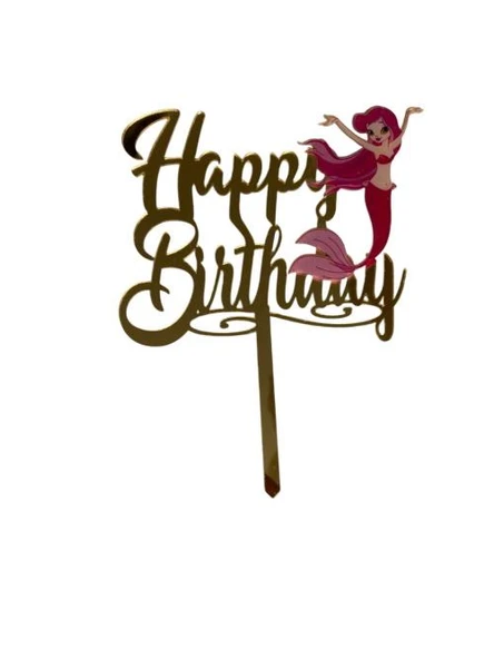 Happy Birthday Yazılı Deniz Kızlı Aynalı Pleksi Altın ürün görseli 1