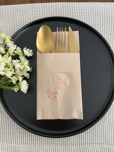 Rose Gold Yaldızlı Kraft Cepli Hindiba Çiçeği Peçete 12 Adet ürün görseli 1