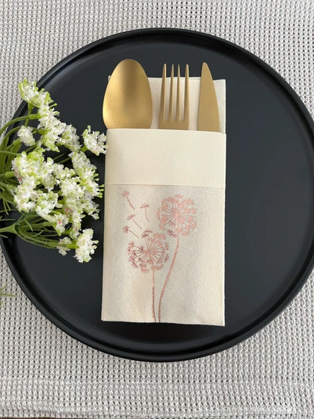 Rose Gold Yaldızlı Kumaş Dokulu Air Laid Kanguru Hindiba Krem Cepli Peçete 6 lı ürün görseli 1
