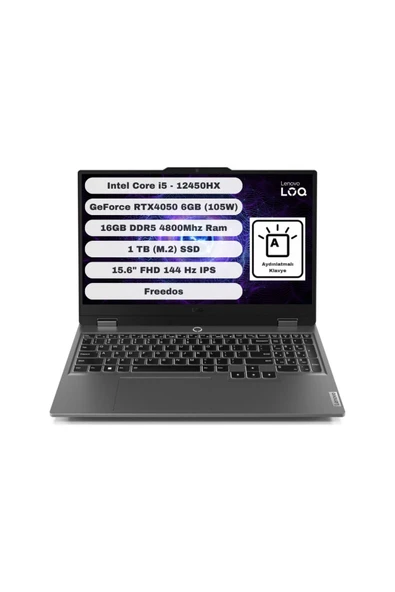 Loq 15IAX9 GTI116 Intel Core I5 12450HX 16GB 1TB SSD RTX 4050 Freedos 15.6'' FHD 83GS007WTR ürün görseli 1