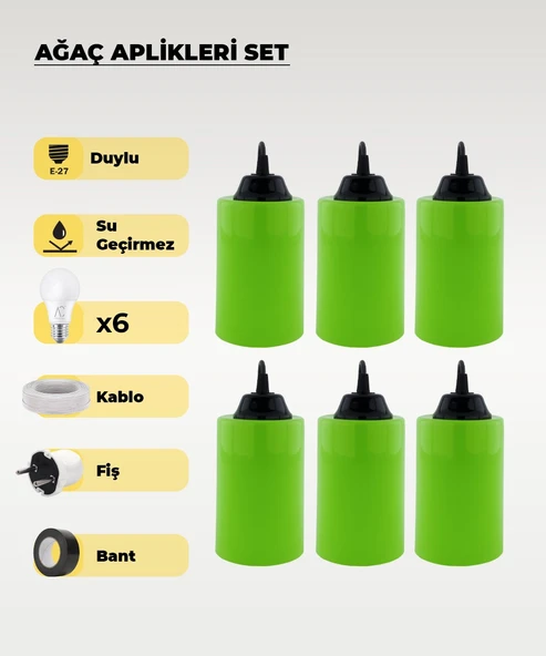 Hazır Set Yeşil Silindir Ağaç Feneri - 6 Adet (Sarı Işık Ampul, Kablo, Fiş ve Bant Dahil) ürün görseli 1