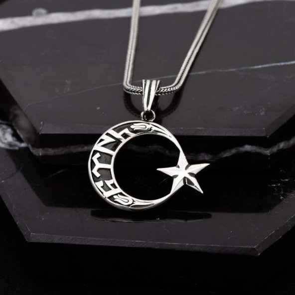 Göktürkçe Türk Yazılı Ayyıldız Gümüş Erkek Kolye ürün görseli 1