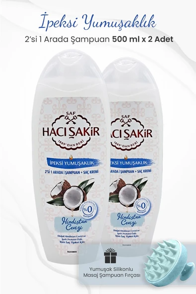 Hacı Şakir Hindistan Cevizi 2si 1 Arada Şampuan 500 ml x 2 Adet ve Şampuan Fırçası Mavi ürün görseli 1