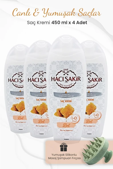 Hacı Şakir Bal Saç Kremi Canlı Ve Yumuşak Saçlar 450 ml x 4 Adet ve Şampuan Fırçası Yeşil ürün görseli 1