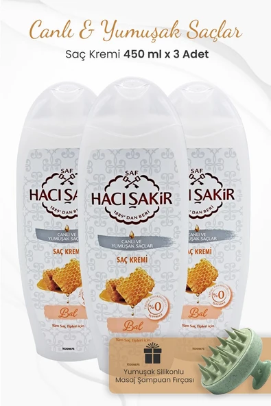 Hacı Şakir Bal Saç Kremi Canlı Ve Yumuşak Saçlar 450 ml x 3 Adet ve Şampuan Fırçası Yeşil ürün görseli 1