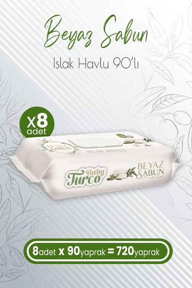 Baby Turco Islak Havlu Beyaz Sabun Kokulu 90' lı x 8 Adet (720 Yaprak) ürün görseli 1