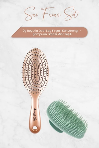 Nascita Üç Boyutlu Oval Saç Fırçası Kahverengi ve Şampuan Fırçası Mint Yeşili ürün görseli 1
