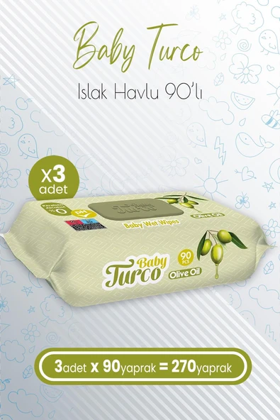 Baby Turco Bebek Islak Havlu Olive Oil 90' lı x 3 Adet (270 Yaprak) ürün görseli 1