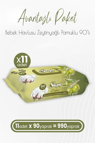 Sleepy Zeytinyağlı ve Pamuklu Islak Bebek Havlusu 90 Yaprak x 11 (990 Yaprak) ürün görseli 1