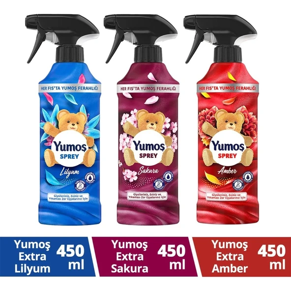 Yumoş Sprey Sakura 450 ml x1 + Yumoş Sprey Amber 450 ml x1 + Yumoş Sprey Lilyum 450 ml x1 ürün görseli 1