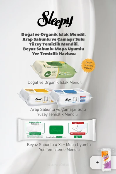 Sleepy Organik Islak Mendil ve Yüzey Temizlik Havlu Seti, 50 Gram Pamuk Hediyeli ürün görseli 1