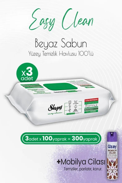 Sleepy Easy Clean Yüzey Temizlik Havlusu 100' lü x 3 Adet ve Mobilya Cilası Lavanta ürün görseli 1