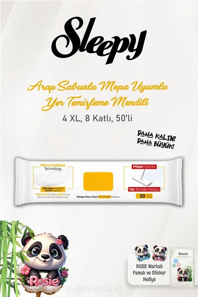 Sleepy Arap Sabunu Katkılı Mopa Uyumlu 4 XLarge Yer Temizlik Havlusu 50 Yaprak ve ROSIE Pamuk ürün görseli 1