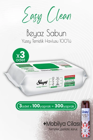 Sleepy Easy Clean Yüzey Temizlik Havlusu 100' lü x 3 Adet ve Mobilya Cilası Sandalağacı ürün görseli 1