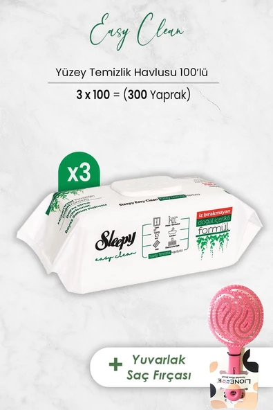 Sleepy Easy Clean Yüzey Temizlik Havlusu 100' lü x 3 Adet ve Saç Fırçası Yuvarlak Pembe ürün görseli 1