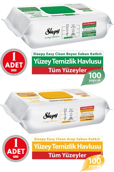 Sleepy Easy Clean Yüzey Temizlik Havlusu 100'lü ve Arap Sabunu Katkılı 100' lü ürün görseli 1