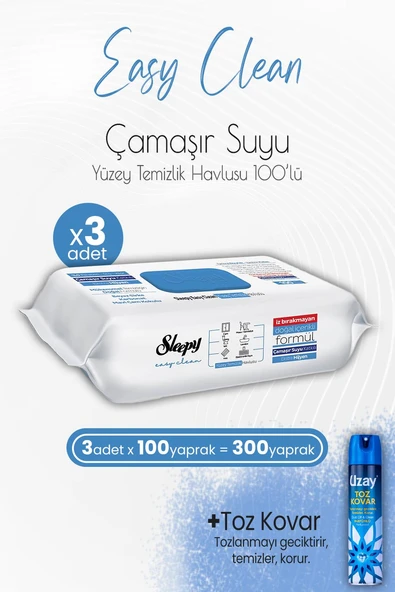 Sleepy Easy Clean Yüzey Temizlik Havlusu Çamaşır Suyu Katkılı 100' lü x 3 Adet ve Toz Kovar ürün görseli 1