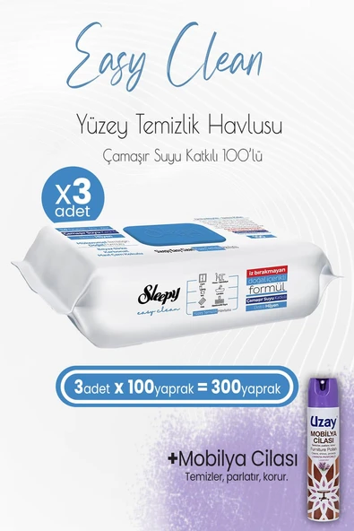 Sleepy Easy Clean Yüzey Temizlik Havlusu Çamaşır Suyu Katkılı 100' lü x 3 Adet ve Mobilya Cilası Lavanta ürün görseli 1