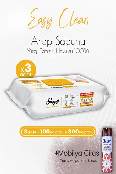 Sleepy Easy Clean Yüzey Temizlik Havlusu Arap Sabunu Katkılı 100' lü x 3 Adet ve Mobilya Cilası Sandalağacı ürün görseli 1