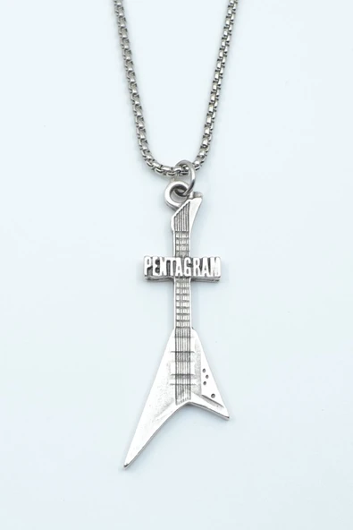 Pentagram Elektro Gitar Gümüş Kaplama Örme Zincir Kolye ürün görseli 1