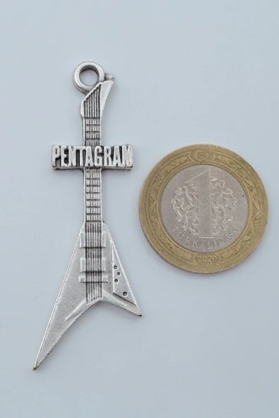 Pentagram Elektro Gitar Gümüş Kaplama Örme Zincir Kolye - Resim 4