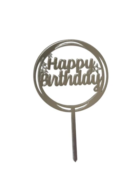 Happy Birthday Yazılı Çerçeveli Yıldızlı Aynalı Pleksi Gümüş ürün görseli 1