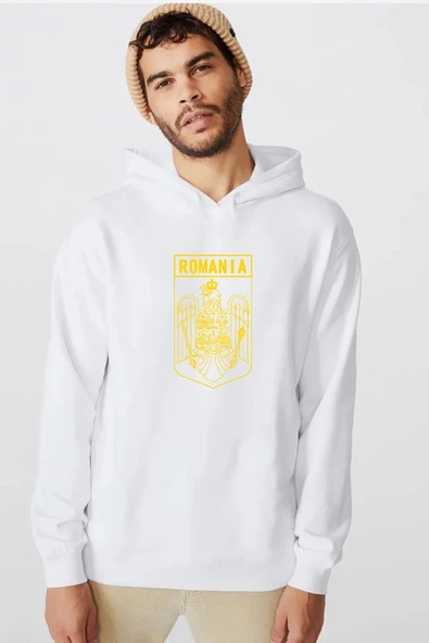Romania Coat Arms Beyaz Erkek 3ip Kapşonlu  Sweatshirt ürün görseli 1