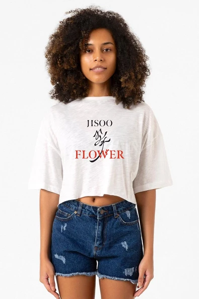 Jisoo Flower Beyaz Kırçıllı Kadın Crop Tshirt ürün görseli 1